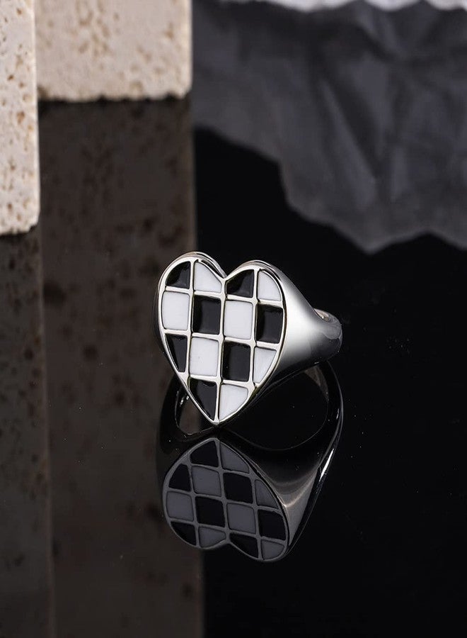 Izpack Plaid Love Heart Open Stacking Ring Black and White Checkered Enamel Heart Adjustable Chunky Bands Wedding Valentine's Day Promise Eternity Finger Rings for Women Brides Fashion Jewelry - Image 5